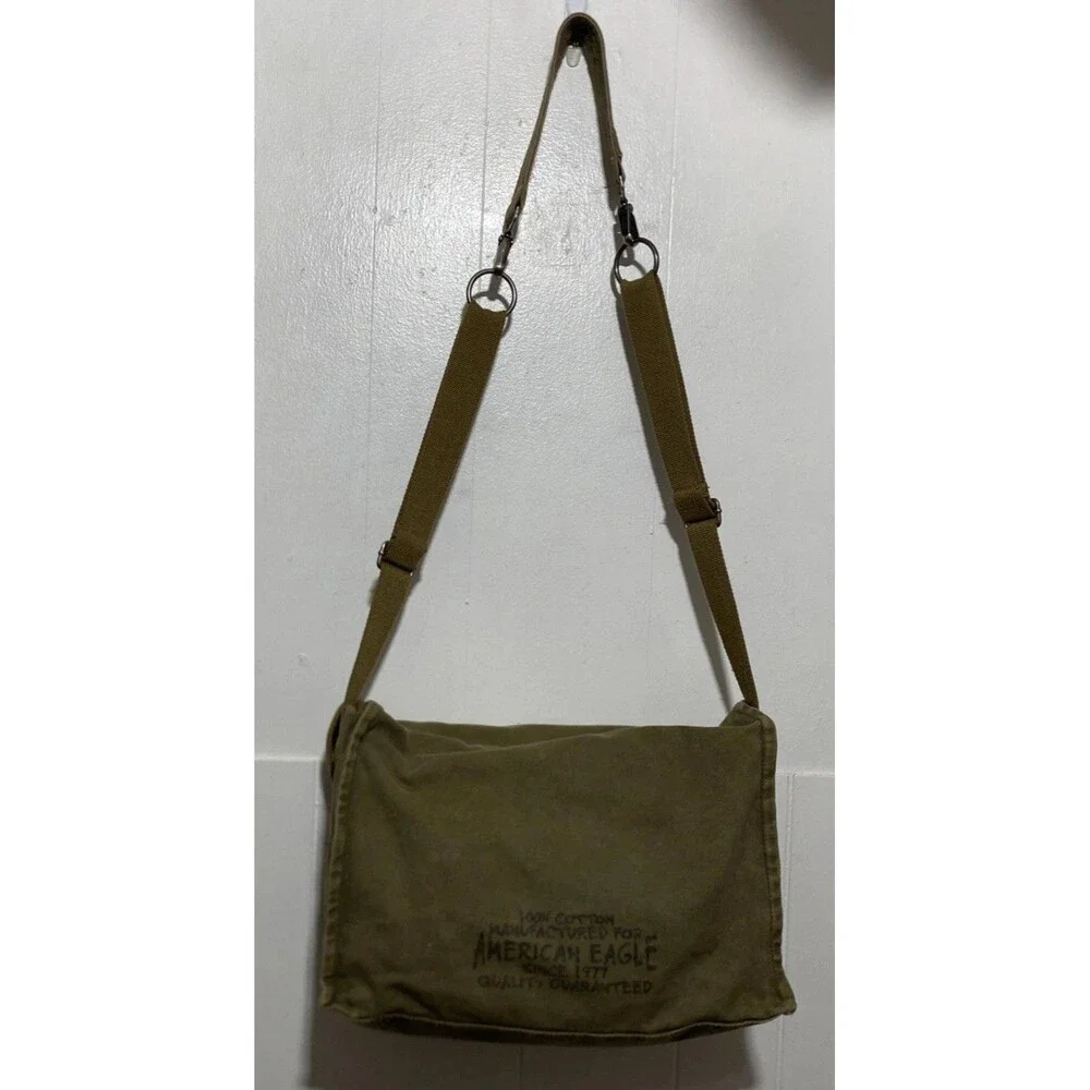 American Eagle Outfitters Y2K Canvas Messenger Bag Army Green Vintage Utility